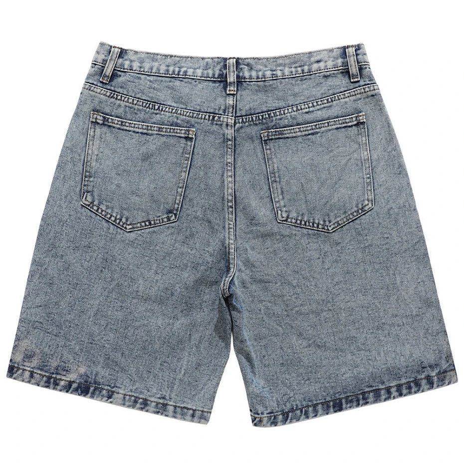 Blue Patchwork Oversized Denim Shorts — front view
