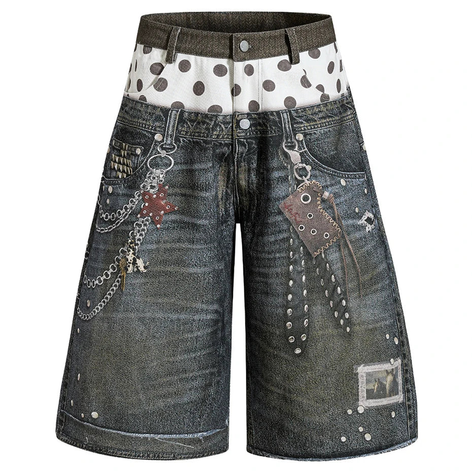Vintage Chain Graphic Loose Denim Shorts — styling shot