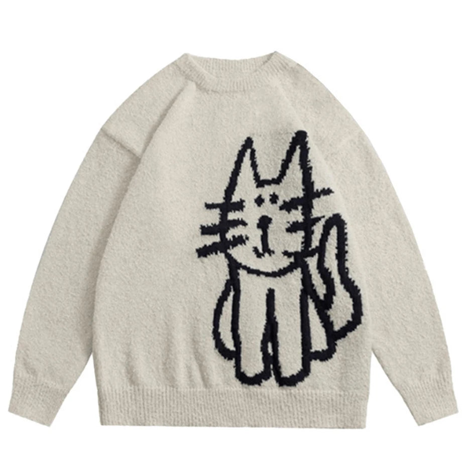 Vintage Cat Graphic Knit Oversized Sweater — back view