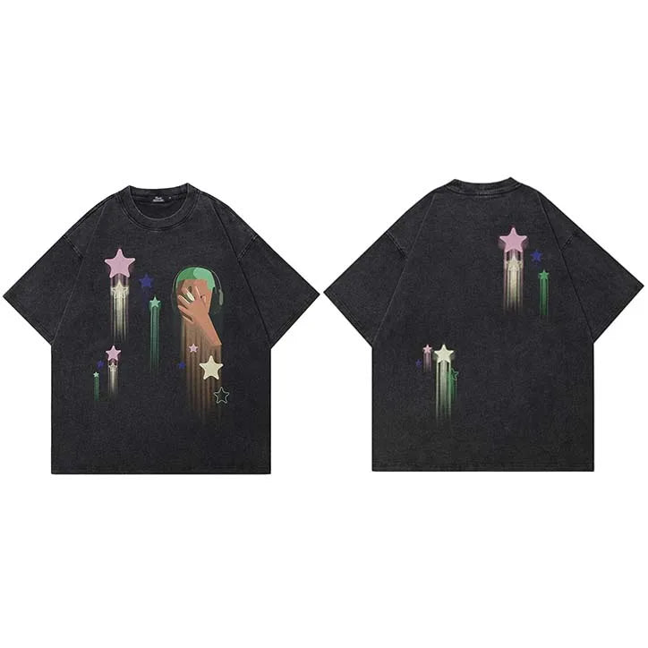 Y2K Black Cartoon Star Washed T-Shirt — fabric close-up