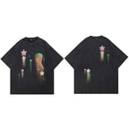 Y2K Black Cartoon Star Washed T-Shirt — fabric close-up