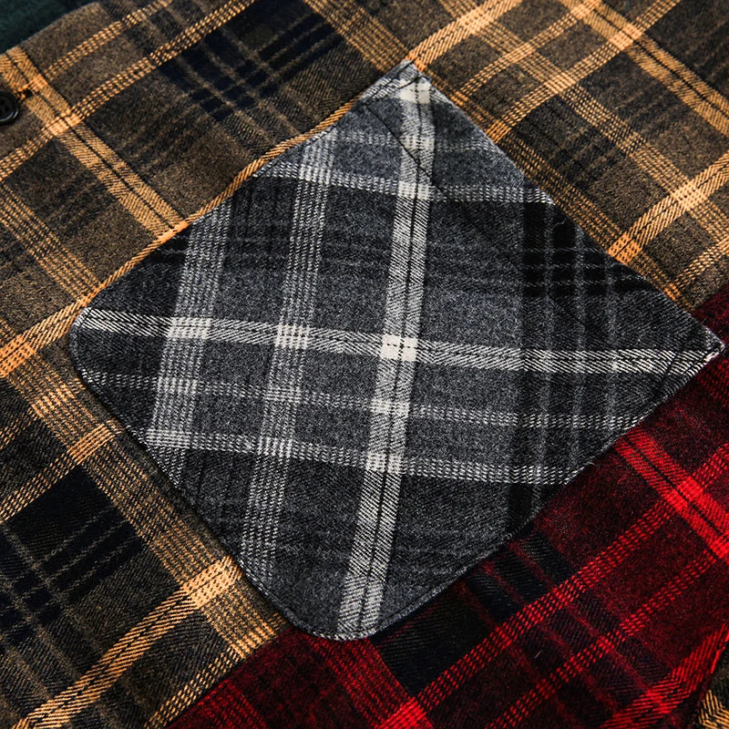 Retro Red Plaid Checkered Patchwork Oversized Shirt — detail shot