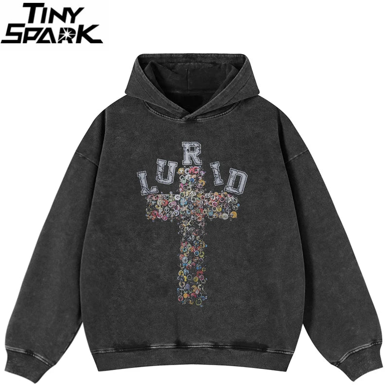 Vintage Black Cross Graphic Oversized Hoodie — front view