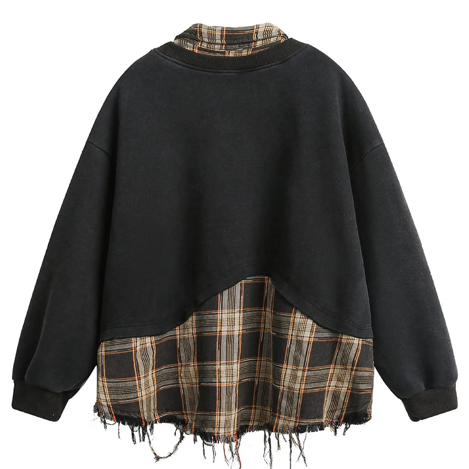 Y2K Plaid Spliced Oversized Hoodie — detail shot