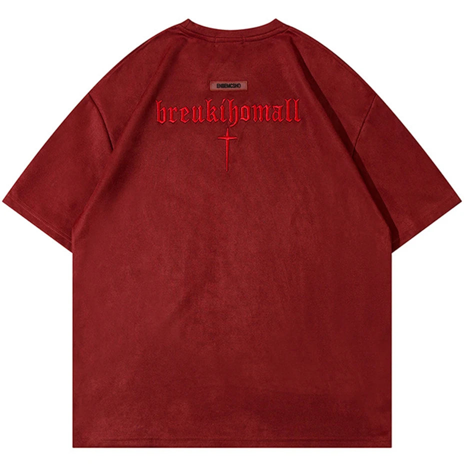 Letter Embroidered Suede Oversized T-Shirt — detail shot