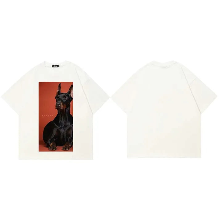 White Doberman Dog Graphic Oversized T-Shirt — fabric close-up