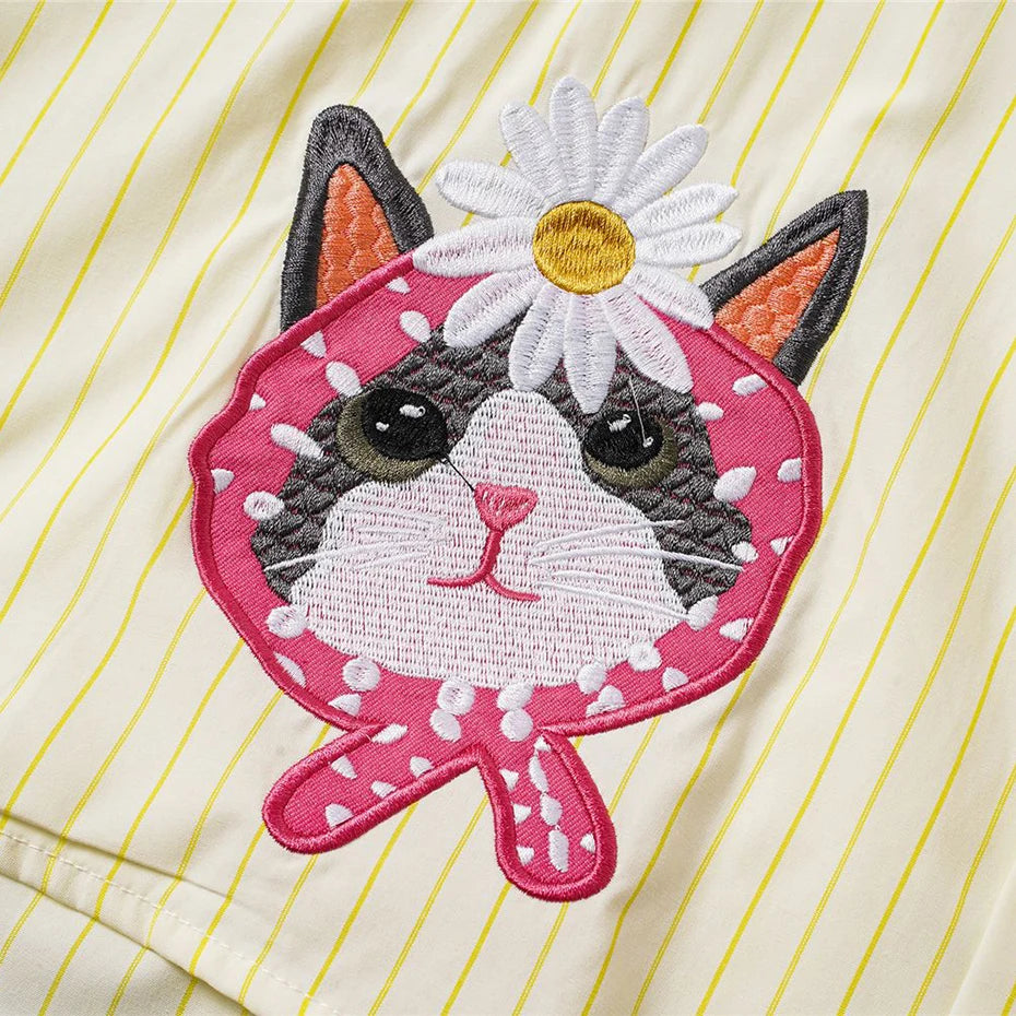 Patchwork Vintage Cat Graphic Oversized Shirt — fabric close-up