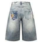 Vintage Blue Star Patchwork Loose Denim Shorts — front view
