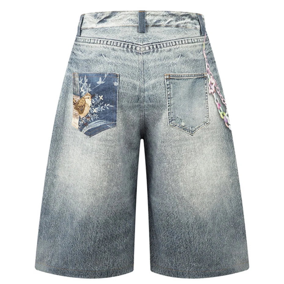 Vintage Blue Star Patchwork Loose Denim Shorts — front view