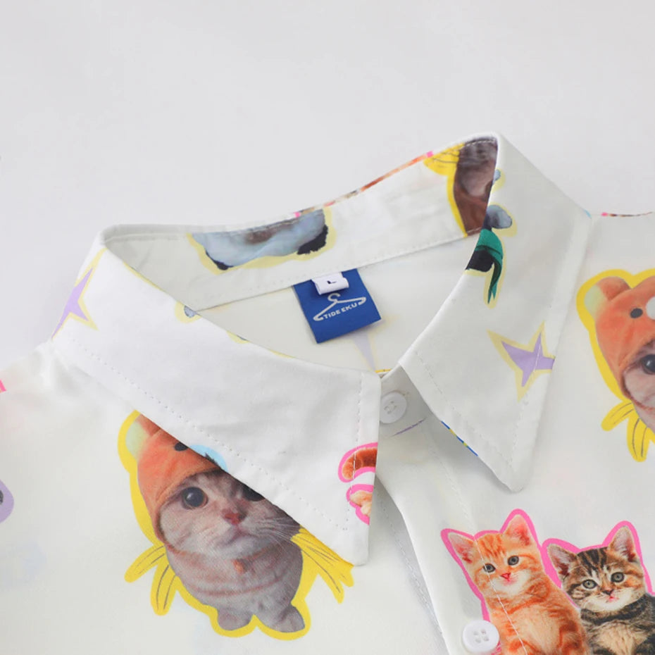 Funny Y2K Cat Graphic Loose Shirt — back view