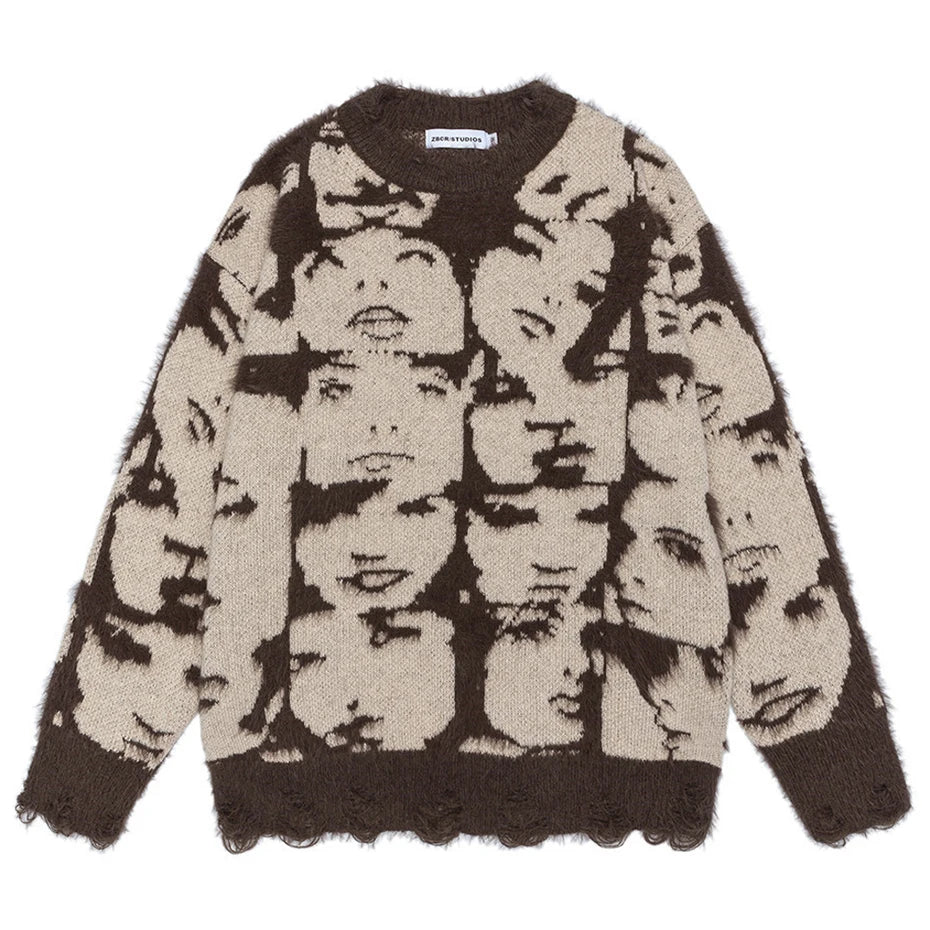 Y2K Face Graphic Knit Oversized Sweater — back view