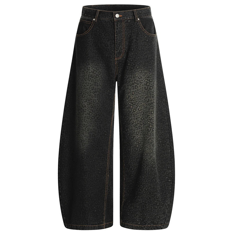 Loose Vintage Leopard Denim Baggy Jeans — back view