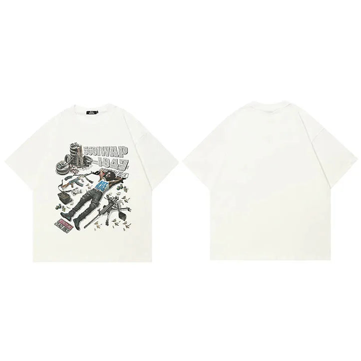 White Vintage Beige Cartoon Graphic T-Shirt — fabric close-up