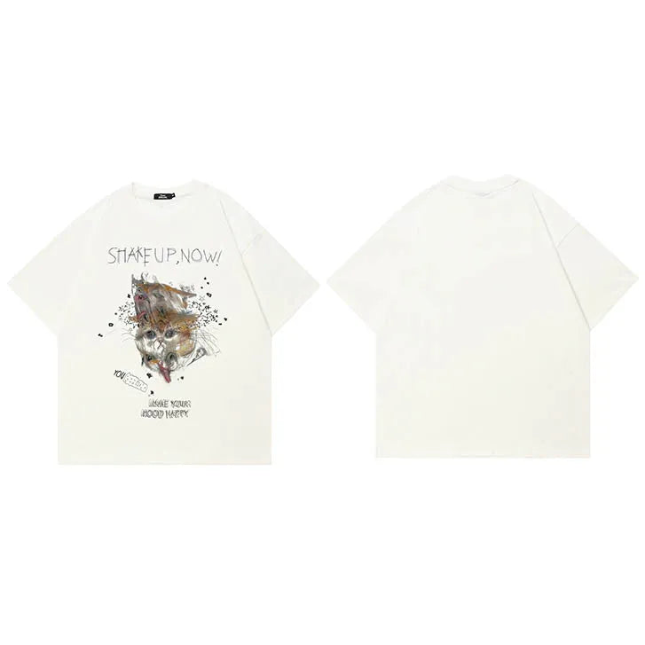 White Beige Cat Graphic T-Shirt — fabric close-up
