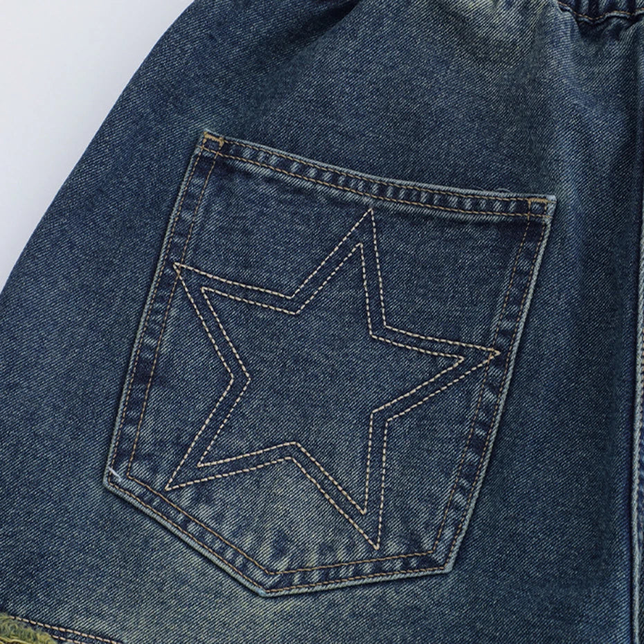 Retro Blue Star Spliced Loose Denim Shorts — fabric close-up
