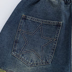 Retro Blue Star Spliced Loose Denim Shorts — fabric close-up
