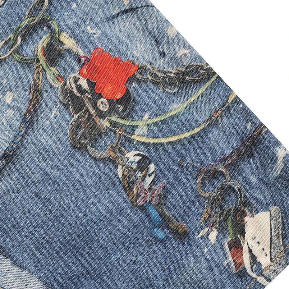 Vintage Blue Chain Graphic Loose Denim Shorts — fabric close-up