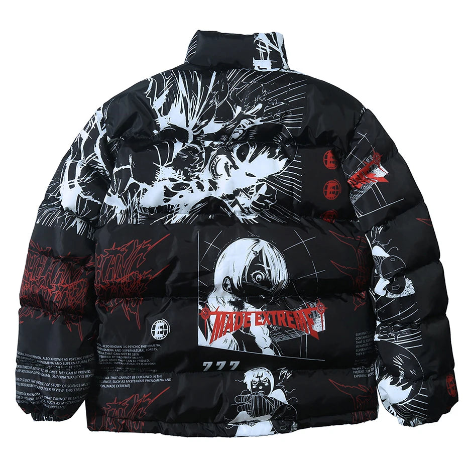 Y2K Black Anime Print Loose Puffer Jacket — styling shot