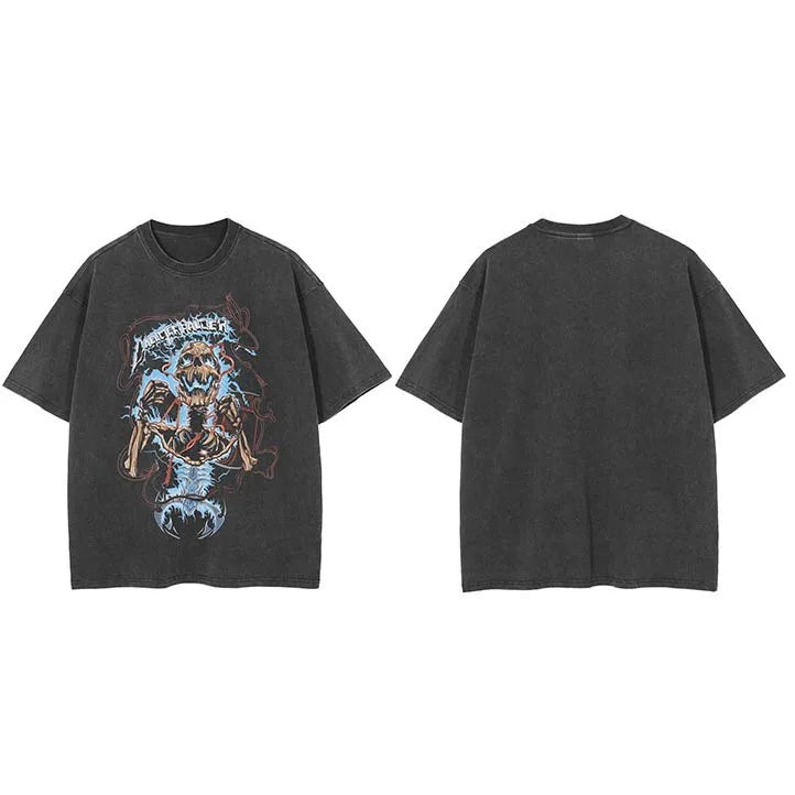 Graphic Black Skull Skeleton Washed T-Shirt — fabric close-up