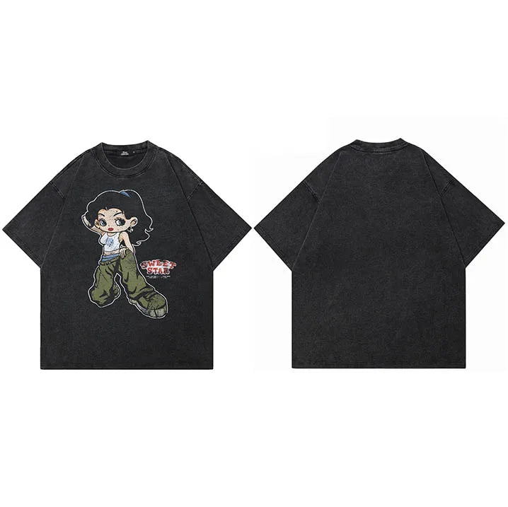 Retro Black Cartoon Girl Washed T-Shirt — side view