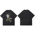 Retro Black Cartoon Girl Washed T-Shirt — side view