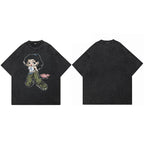 Retro Black Cartoon Girl Washed T-Shirt — side view