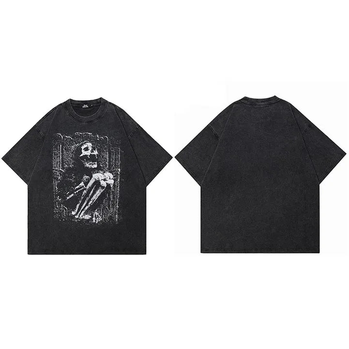 Retro Vintage Black Skull Graphic Oversized T-Shirt — fabric close-up
