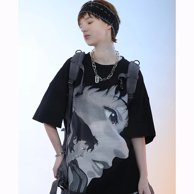 Anime Girl Print Loose T-Shirt — front view