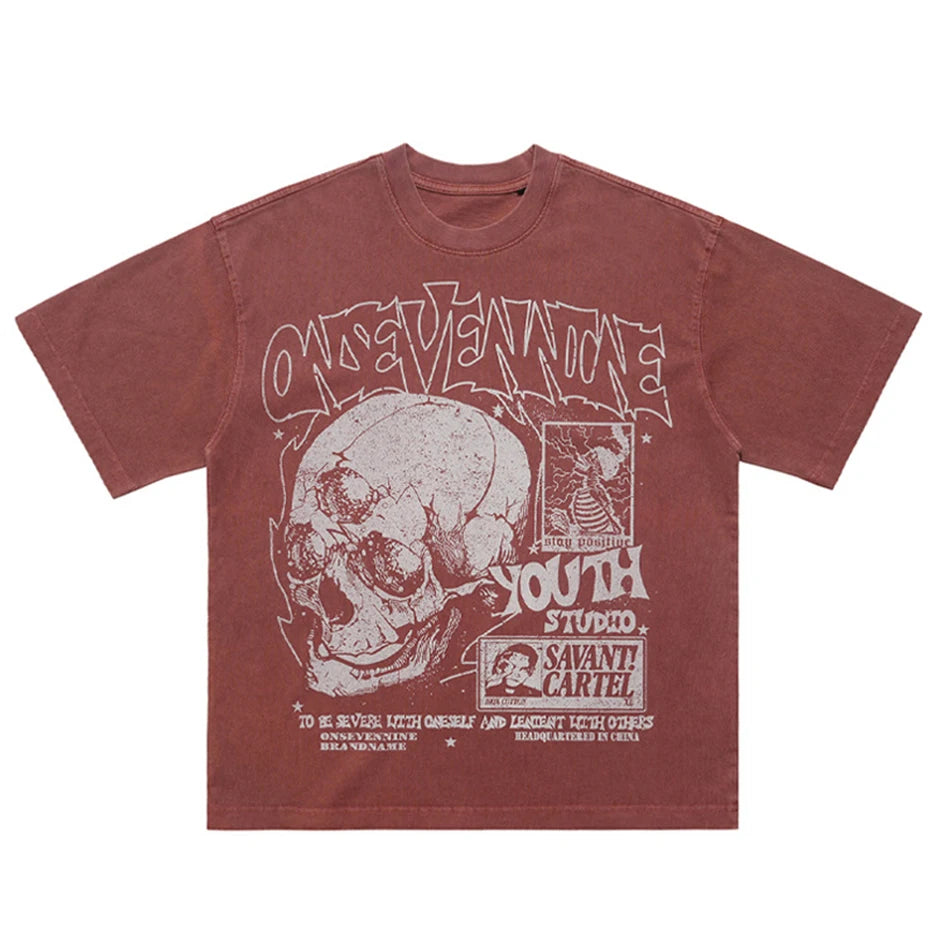 Vintage Skull Washed Oversized T-Shirt — front view