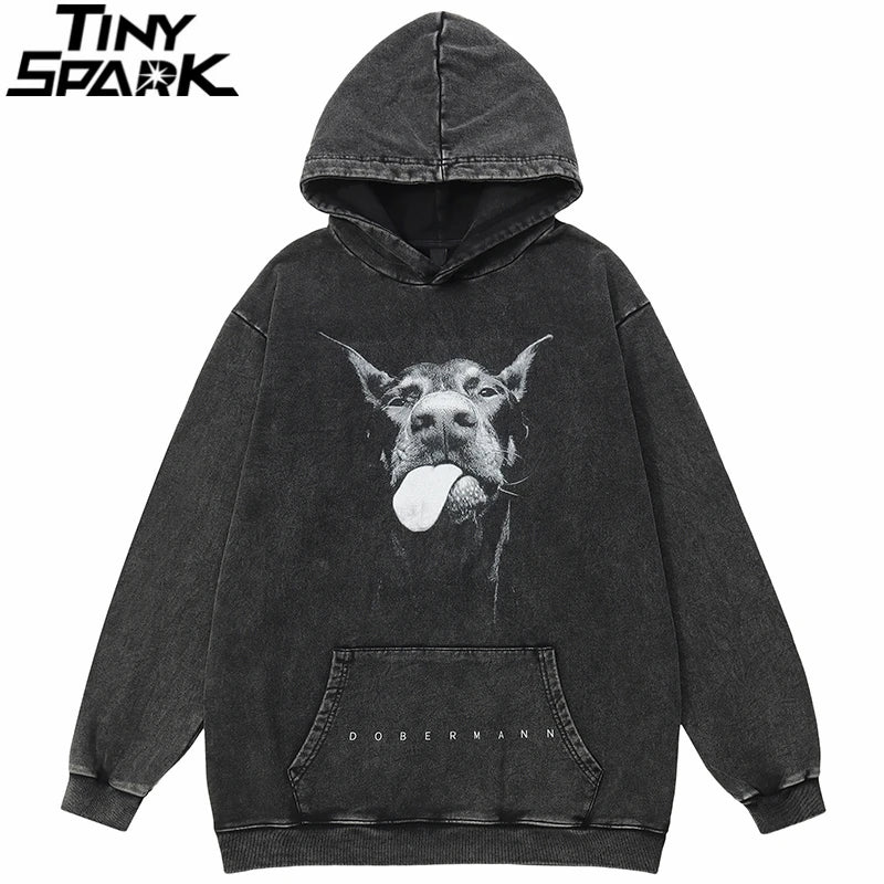 Retro Black Doberman Dog Graphic Oversized Hoodie — front view