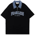 Y2K Black Letter Denim Oversized Polo Shirt — styling shot