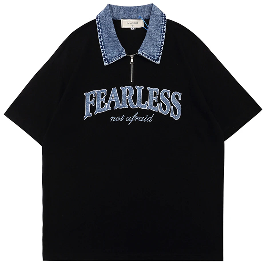 Y2K Black Letter Denim Oversized Polo Shirt — styling shot
