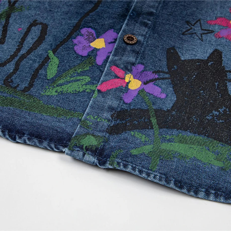 Vintage Cat Graphic Oversized Shirt — fabric close-up