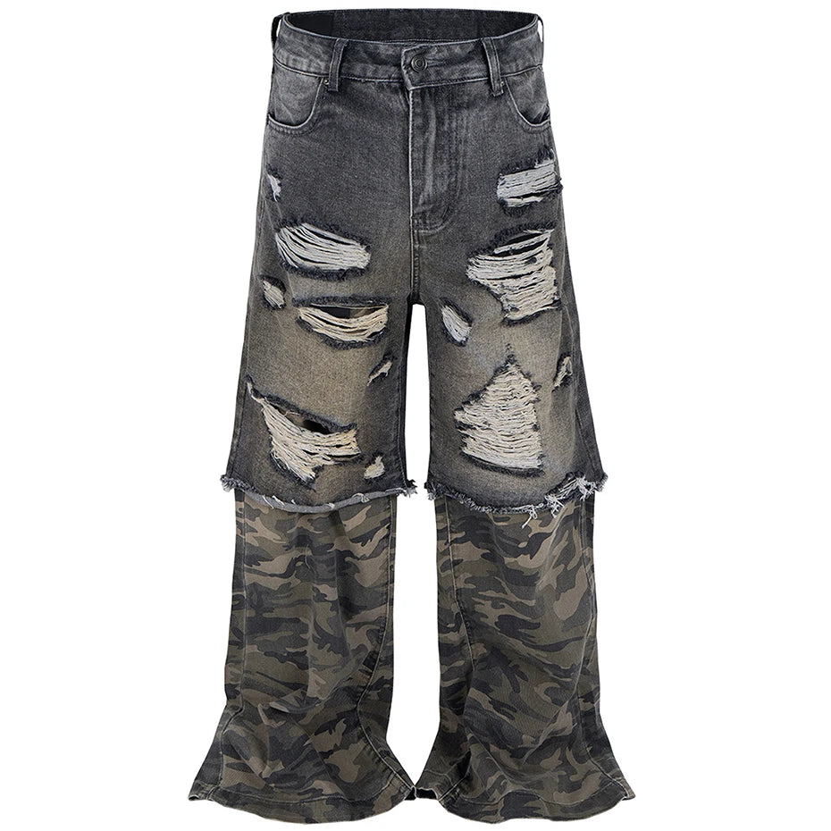 Vintage Camouflage Patchwork Denim Baggy Jeans — styling shot
