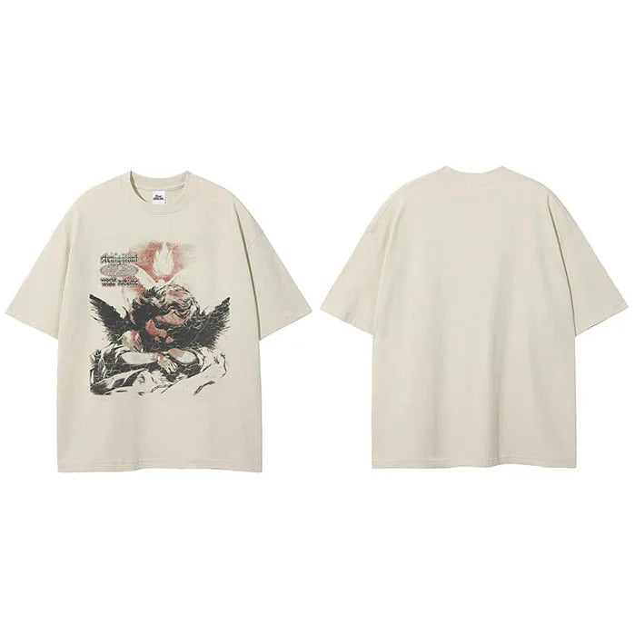 Classical Art Print Vintage Beige T-Shirt — fabric close-up