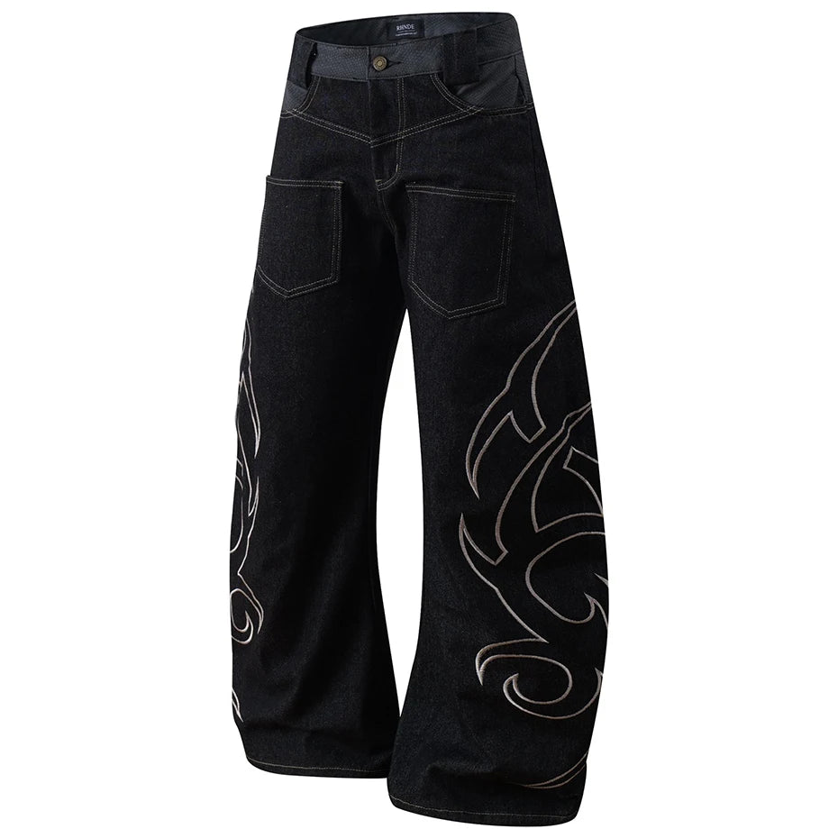 Black Embroidered Denim Baggy Jeans — back view
