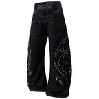 Black Embroidered Denim Baggy Jeans — back view