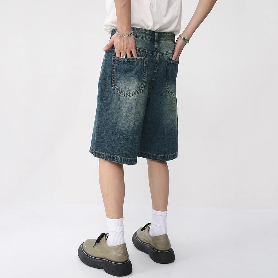 Vintage Blue Loose Denim Shorts — fit shot