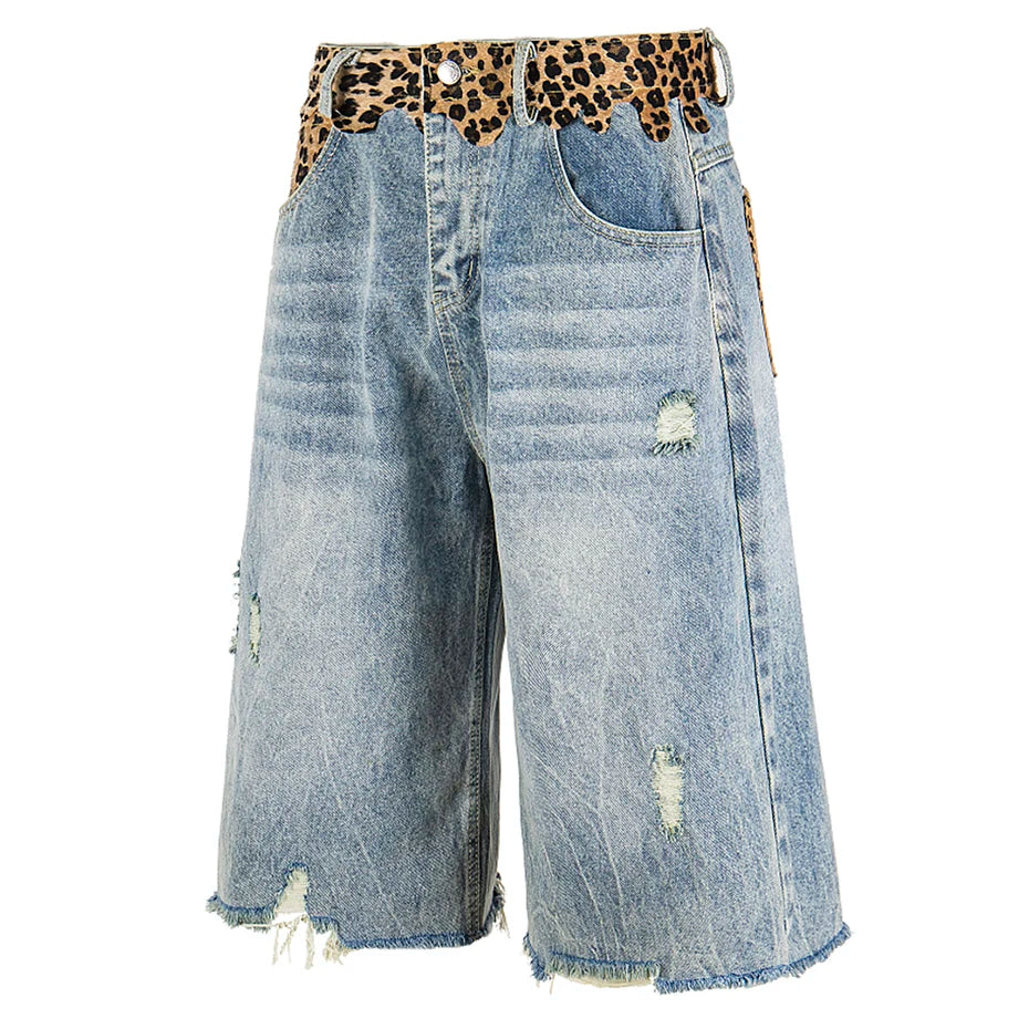 Vintage Leopard Patchwork Loose Denim Shorts — front view