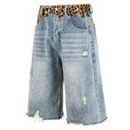 Vintage Leopard Patchwork Loose Denim Shorts — front view