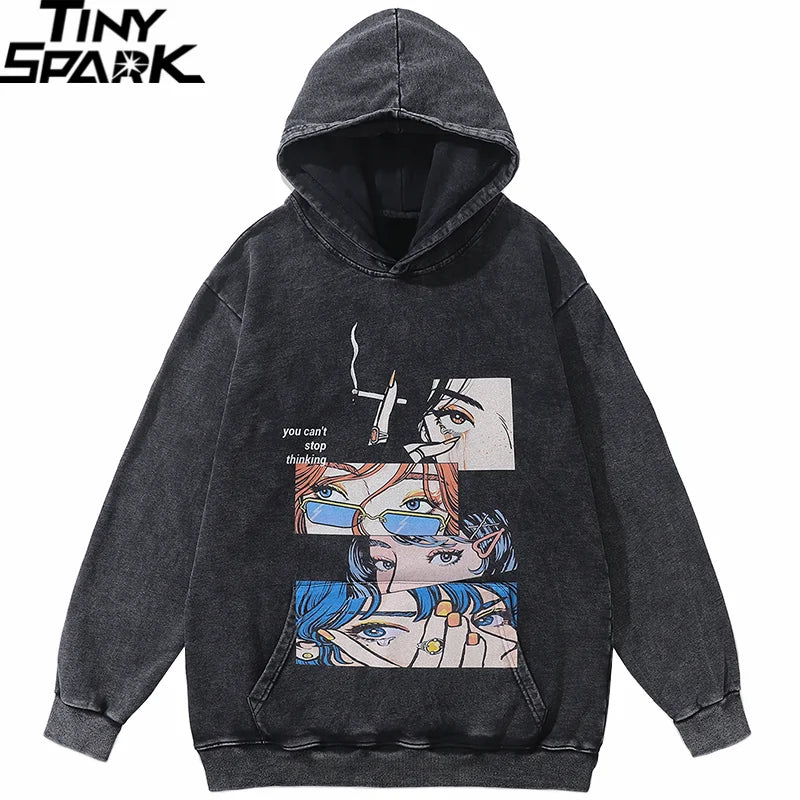Black Cartoon Anime Graphic Oversized Hoodie — front view