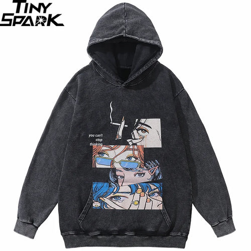 Black Cartoon Anime Graphic Oversized Hoodie — front view