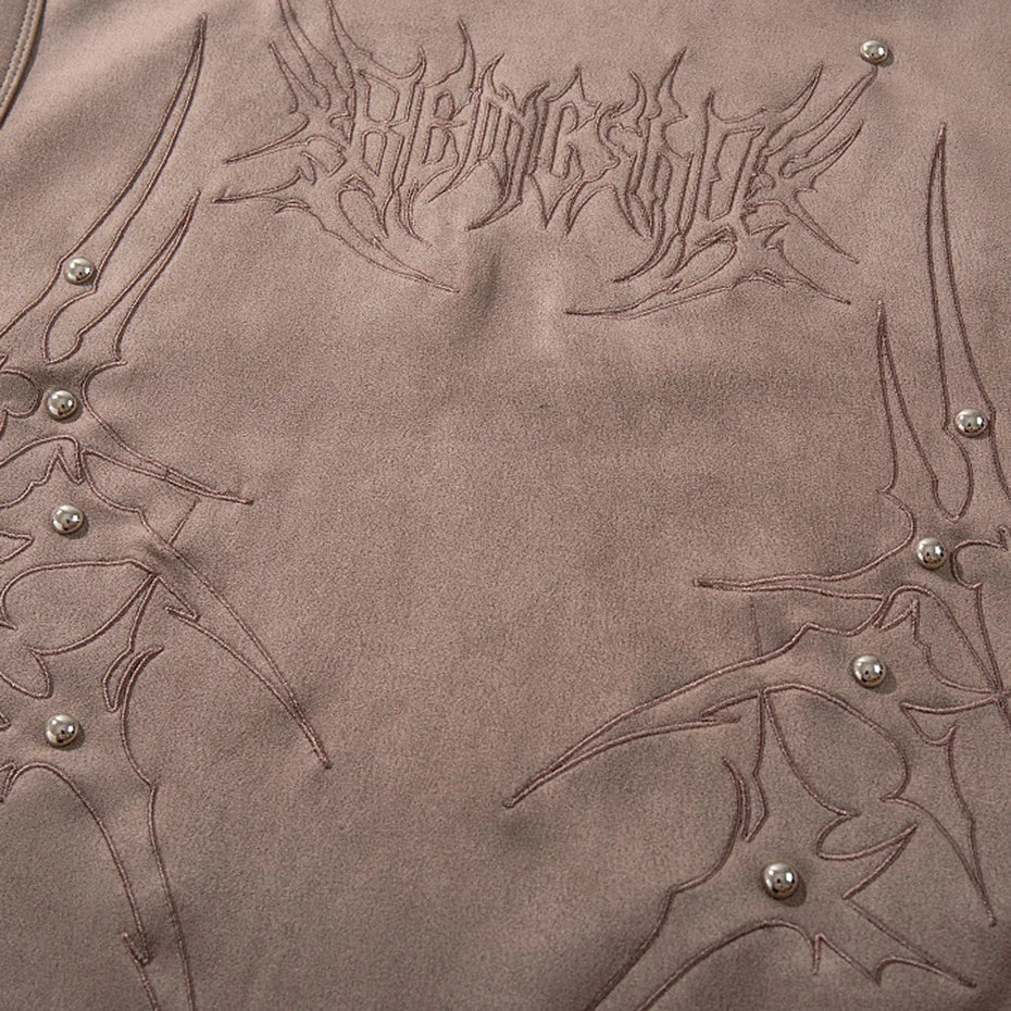 Rivet Vintage Embroidered Suede Loose Vest — fit shot