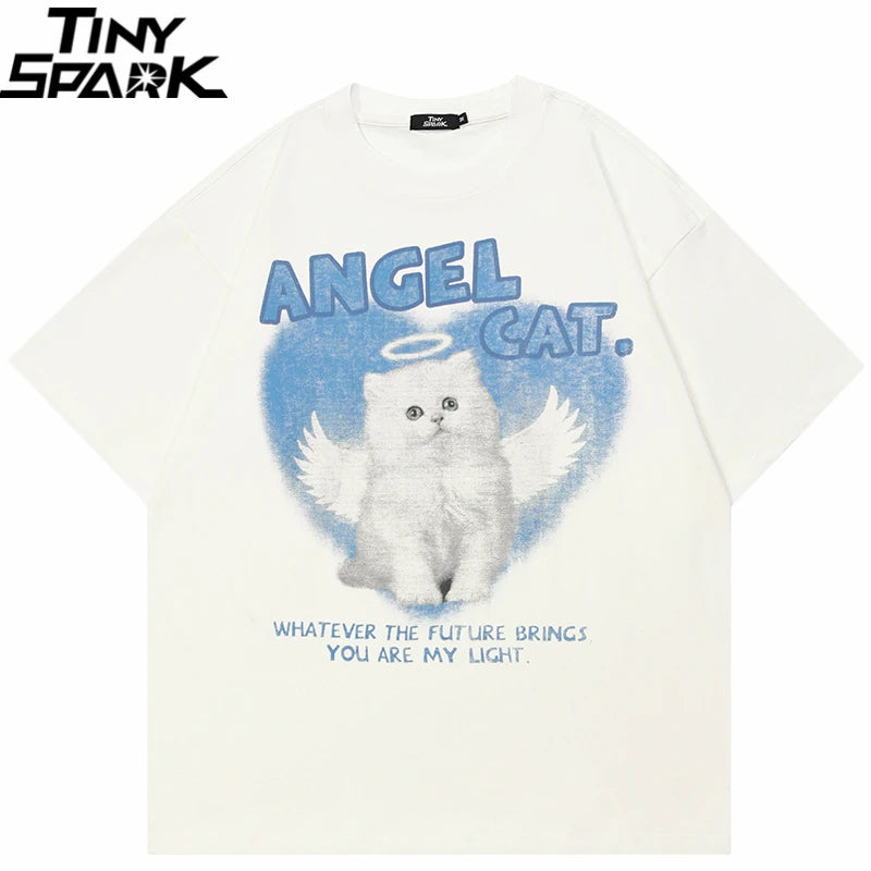 White Baby Angel Cat Graphic T-Shirt — front view