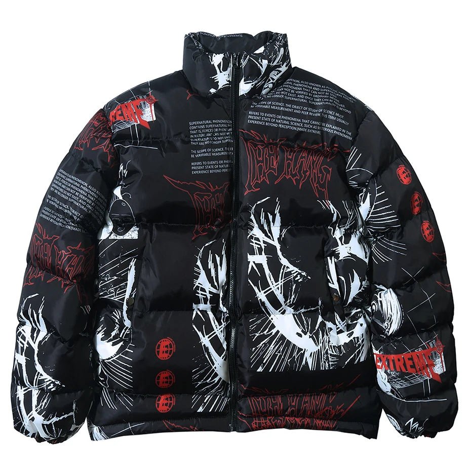 Y2K Black Anime Print Loose Puffer Jacket — front view