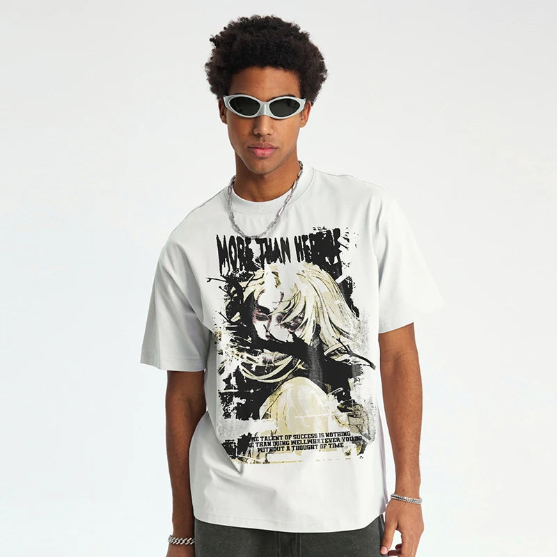White Anime Cartoon Print T-Shirt — front view