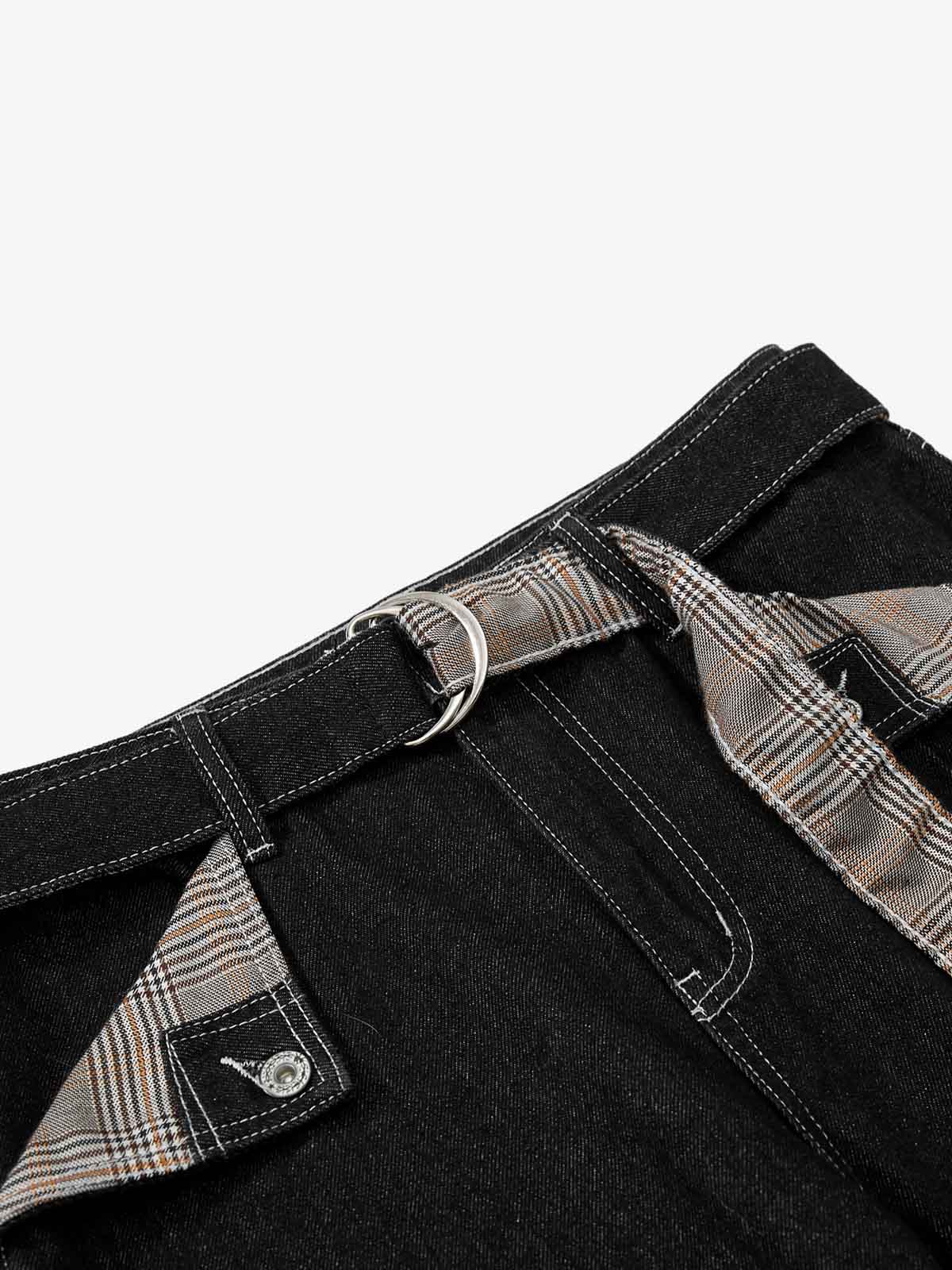 Vintage Plaid-Trim Tape-Belt Jeans