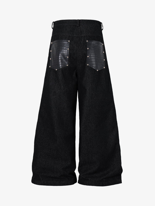 Croc Embossed Pocket Rivet Wide Leg Denim Jeans