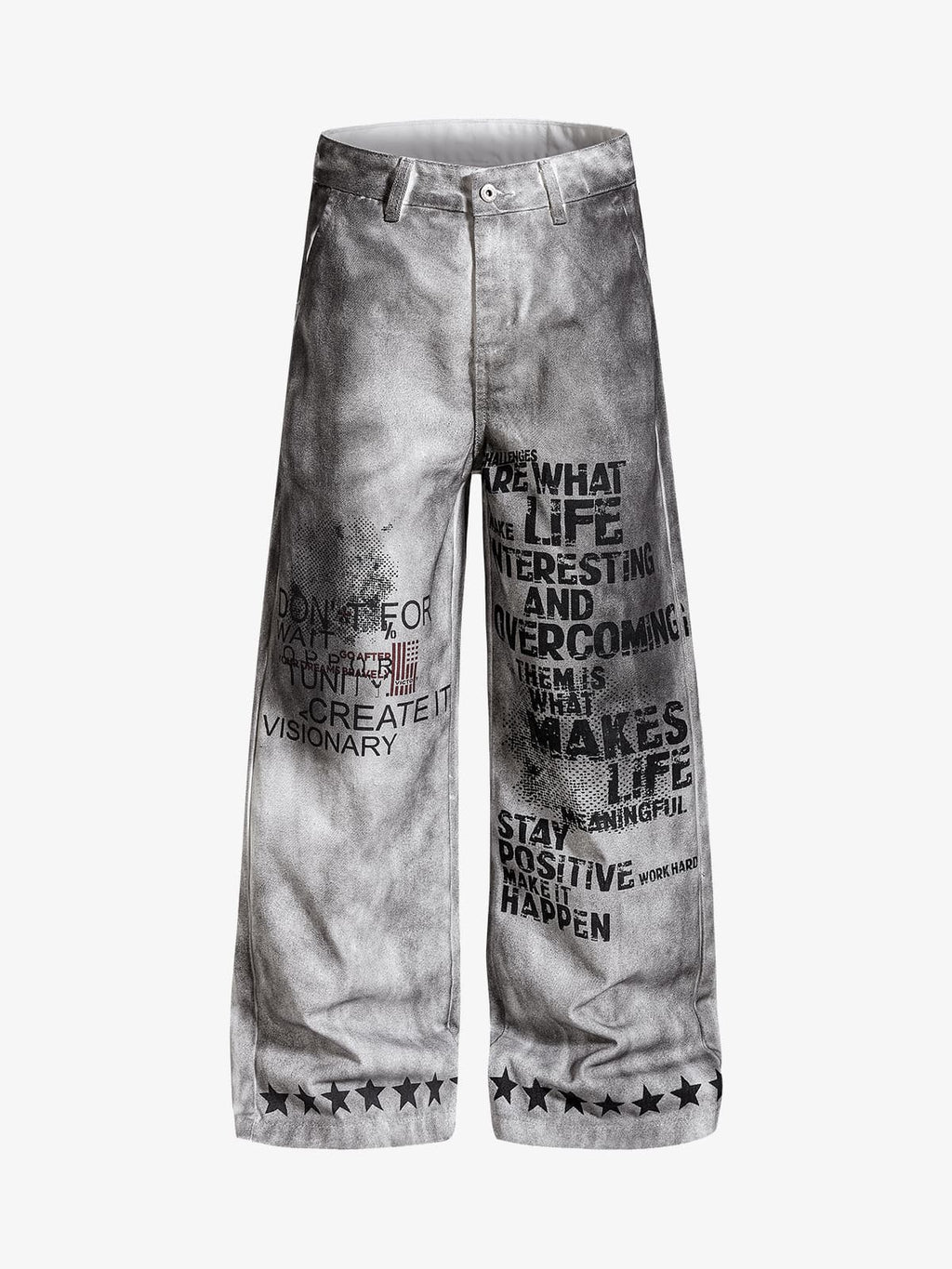 Distressed Dirty Wash Text Graphic Star Trim Straight Leg Pants