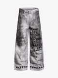 Distressed Dirty Wash Text Graphic Star Trim Straight Leg Pants